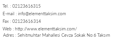 Element Taksim Suites telefon numaralar, faks, e-mail, posta adresi ve iletiim bilgileri